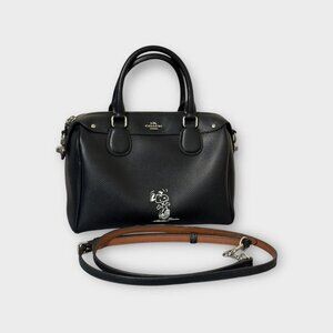 Coach Snoopy Boston Satchel Black Leather Handbag Crossbody Limited Ed Peanuts